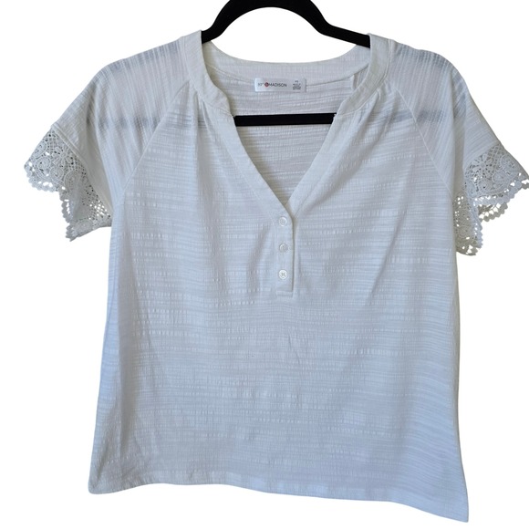 Tops - 89th & Madison Women's White Lace Sleeve Top Button Henley Shirt